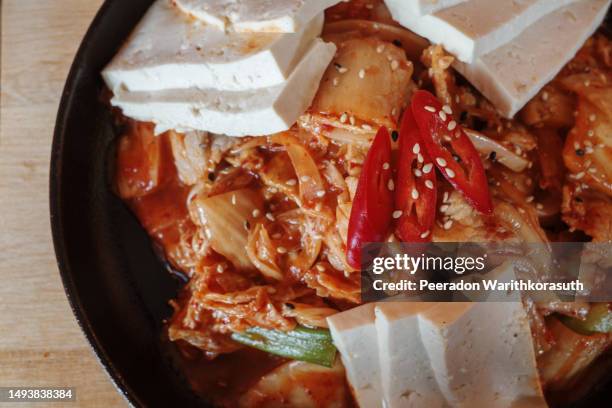 korean stir-fried pork kimchi with white tofu, kimchi bokkeum. - restaurant düsseldorf stock pictures, royalty-free photos & images