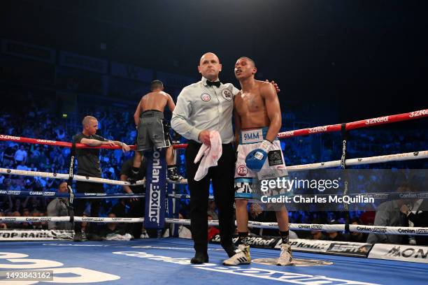 Ludumo Lamati looks dejected after defeat against Nick Ball in the Featherweight fight at The SSE Arena Belfast on May 27, 2023 in Belfast, Northern...