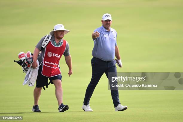 Thomas Bjorn of Denmark walks the second fairway during the third round of the KitchenAid Senior PGA Championship at Fields Ranch East at PGA Frisco...