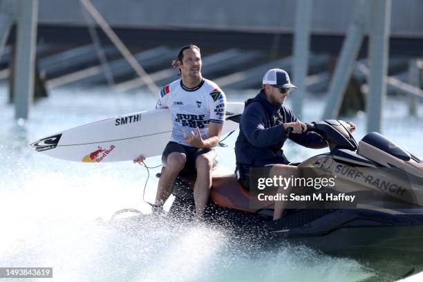 Jordy Smith of South Africa returns to the competitors area during the World Surf League Surf Ranch Pro qualifying round on May 27, 2023 in Lemoore,...