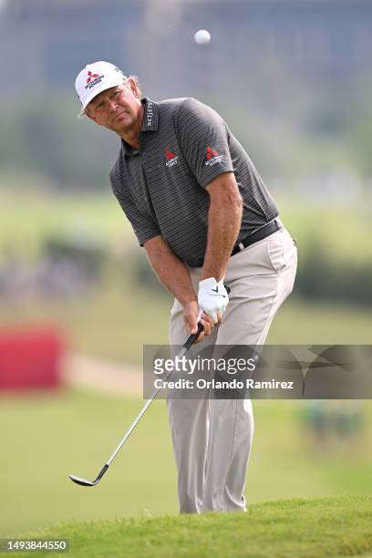 Retief Goosen of South Africa plays a shot onto the second green during the third round of the KitchenAid Senior PGA Championship at Fields Ranch...