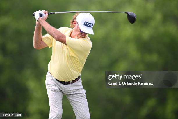 Miguel Angel Jiménez of Spain plays his shot from the fourth tee during the third round of the KitchenAid Senior PGA Championship at Fields Ranch...