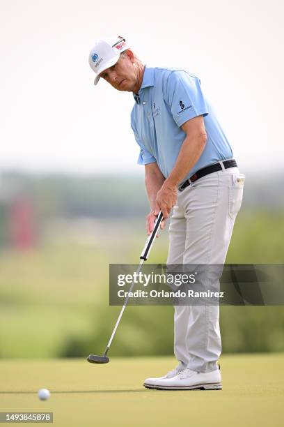 David Toms putts on the second green during the third round of the KitchenAid Senior PGA Championship at Fields Ranch East at PGA Frisco on May 27,...