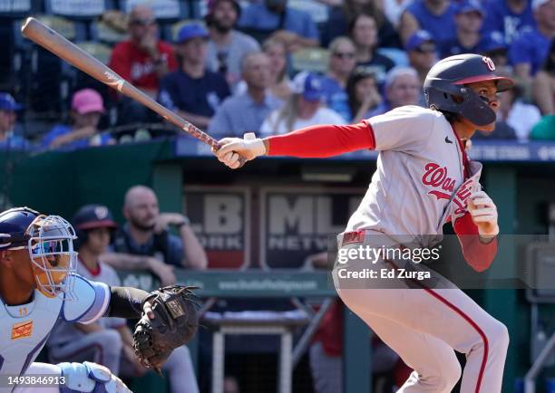 Abrams of the Washington Nationals hits a two-run double against the Kansas City Royals in the sixth inning at Kauffman Stadium on May 27, 2023 in...