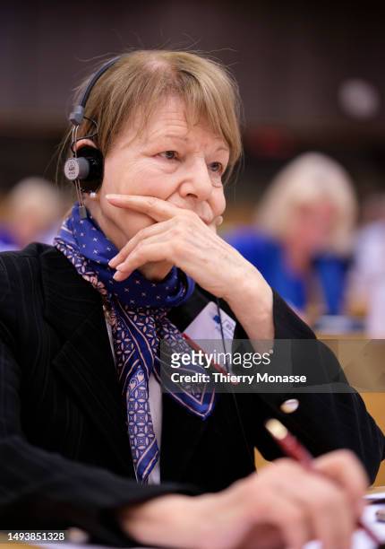 British Member of the House of Lords Lord Temporal Emma Harriet Nicholson, Baroness Nicholson of Winterbourne is listening during a EU-UK...