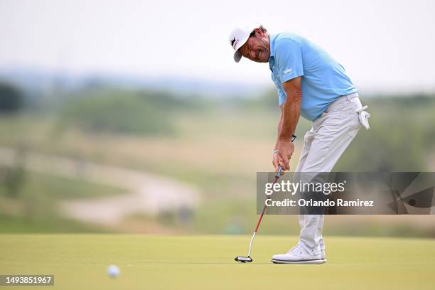 Alex Cejka of Germany putts on the second green during the third round of the KitchenAid Senior PGA Championship at Fields Ranch East at PGA Frisco...