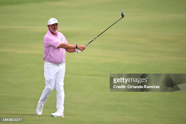 Darren Clarke of Northern Ireland plays a shot on the third hole during the third round of the KitchenAid Senior PGA Championship at Fields Ranch...