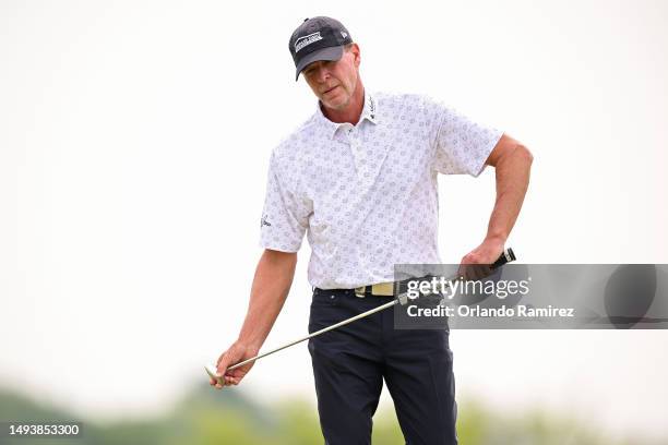 Steve Stricker prepares to putt on the second green during the third round of the KitchenAid Senior PGA Championship at Fields Ranch East at PGA...