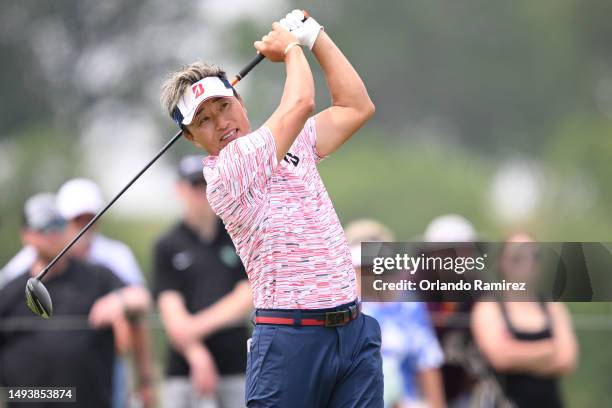 Katsumasa Miyamoto of Japan plays his shot from the sixth tee during the third round of the KitchenAid Senior PGA Championship at Fields Ranch East...