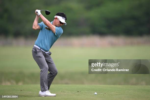 Yang of South Korea plays his shot from the fifth tee during the third round of the KitchenAid Senior PGA Championship at Fields Ranch East at PGA...
