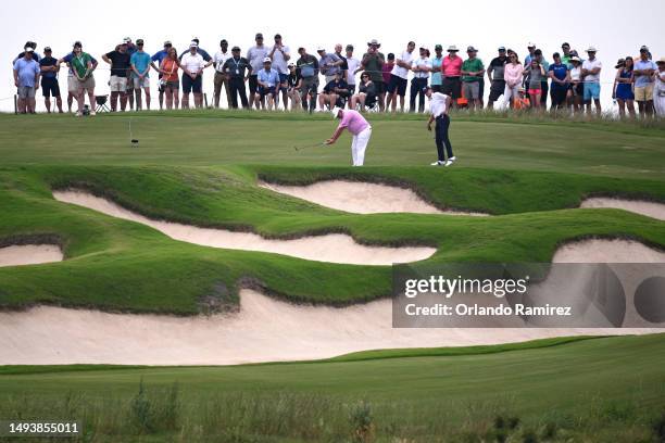 Darren Clarke of Northern Ireland reacts after a putt on the 15th green during the third round of the KitchenAid Senior PGA Championship at Fields...