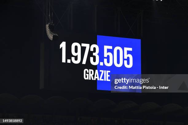 Tabellone Grazie during the Serie A match between FC Internazionale and Atalanta BC at Stadio Giuseppe Meazza on May 27, 2023 in Milan, Italy.