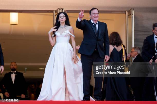 Quentin Tarantino and Daniella Pick attend the "Elemental" screening and closing ceremony red carpet during the 76th annual Cannes film festival at...