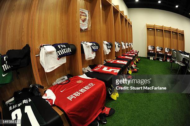 Arsenal shirts made up of Chinese lettering in the changing room before the pre-season Asian Tour friendly match between Arsenal and Manchester City...