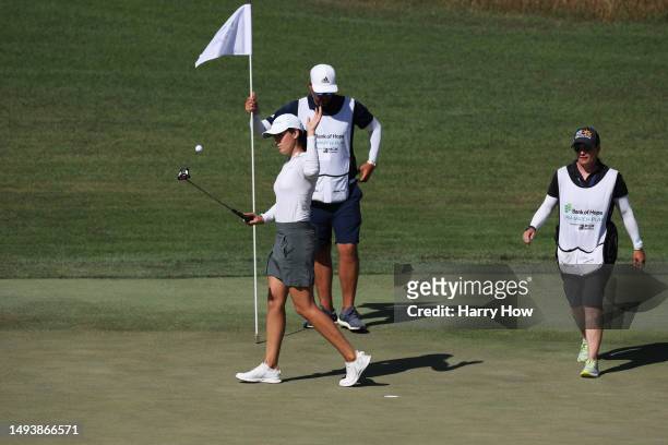 Albane Valenzuela of Switzerland reacts to missing a putt on the 12th green on day four of the Bank of Hope LPGA Match-Play presented by MGM Rewards...