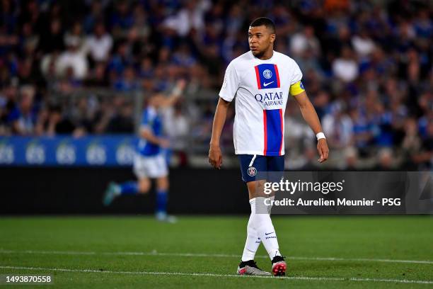 Kylian Mbappe of Paris Saint-Germain looks on during the Ligue 1 match between RC Strasbourg and Paris Saint-Germain at Stade de la Meinau on May 27,...