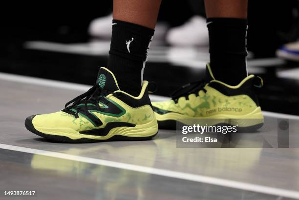 The shoes of Kayla Thornton of the New York Liberty are seen during the first half against the Connecticut Sun at Barclays Center on May 27, 2023 in...