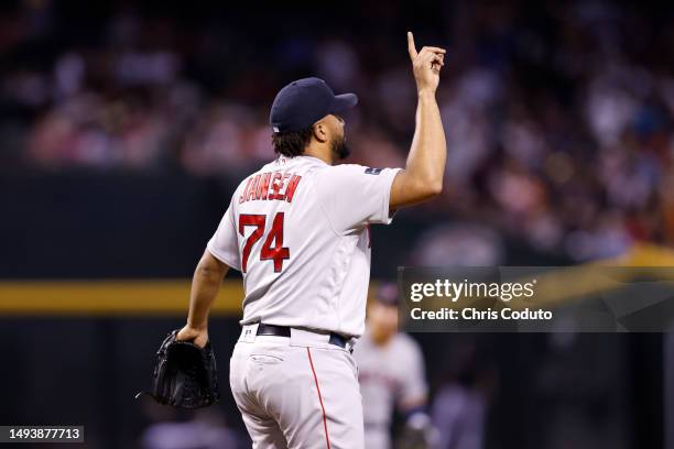 Kenley Jansen of the Boston Red Sox gestures after the final out of the ninth inning against the Arizona Diamondbacks at Chase Field on May 27, 2023...