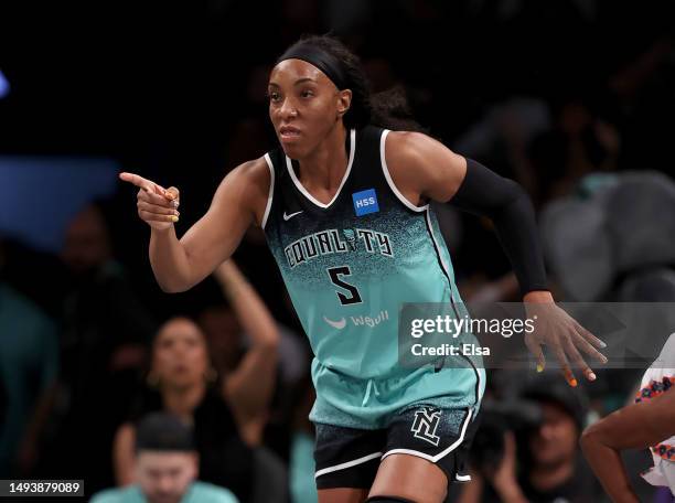 Kayla Thornton of the New York Liberty celebrates her shot in the second half against the Connecticut Sun at Barclays Center on May 27, 2023 in the...