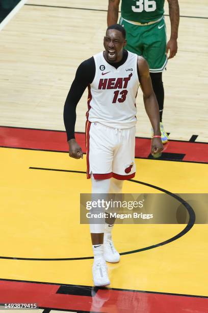 Bam Adebayo of the Miami Heat reacts against the Boston Celtics during the second quarter during the second quarter in game six of the Eastern...