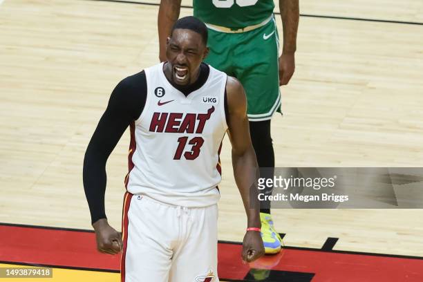 Bam Adebayo of the Miami Heat reacts against the Boston Celtics during the second quarter during the second quarter in game six of the Eastern...