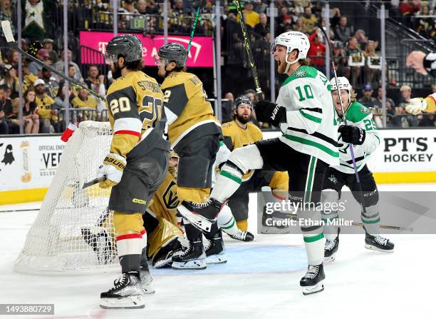 Ty Dellandrea of the Dallas Stars celebrates after scoring his second goal of the third period against the Vegas Golden Knights in Game Five of the...