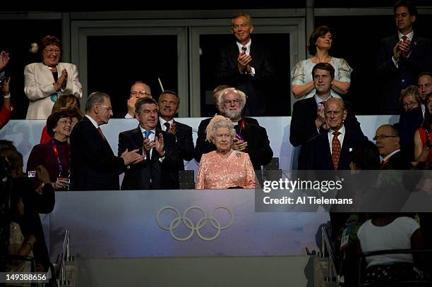 Summer Olympics: Her Majesty the Queen Elizabeth II with HRH Prince Philip, Duke of Edinburgh, and IOC president Jacques Rogges in the Royal Box at...