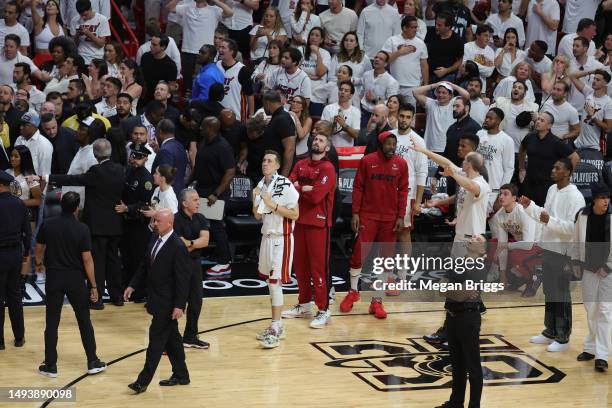 Miami Heat bench is seen after losing to the Boston Celtics in game six of the Eastern Conference Finals at Kaseya Center on May 27, 2023 in Miami,...