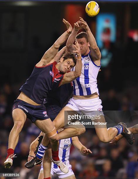 Jared Rivers of the Demons competes for the ball during the round 18 AFL match between the North Melbourne Kangaroos and the Melbourne Demons at...
