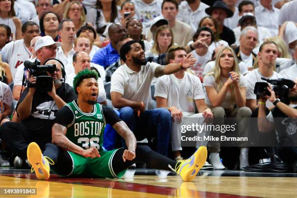 Marcus Smart of the Boston Celtics reacts against the Miami Heat during the fourth quarter in game six of the Eastern Conference Finals at Kaseya...