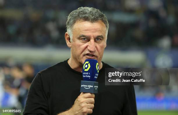 Coach of PSG Christophe Galtier answers to Amazon Prime Video following the Ligue 1 Uber Eats match between RC Strasbourg and Paris Saint-Germain at...