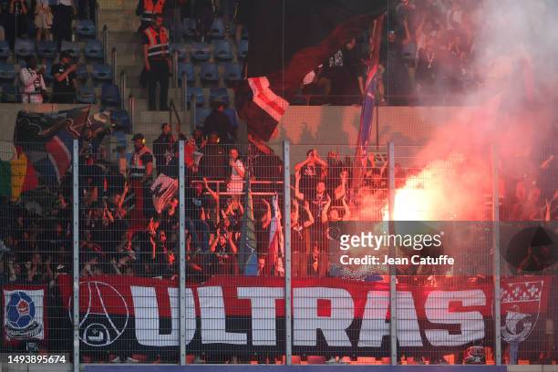 Supporters ultras of PSG during the Ligue 1 Uber Eats match between RC Strasbourg and Paris Saint-Germain at Stade de la Meinau on May 27, 2023 in...