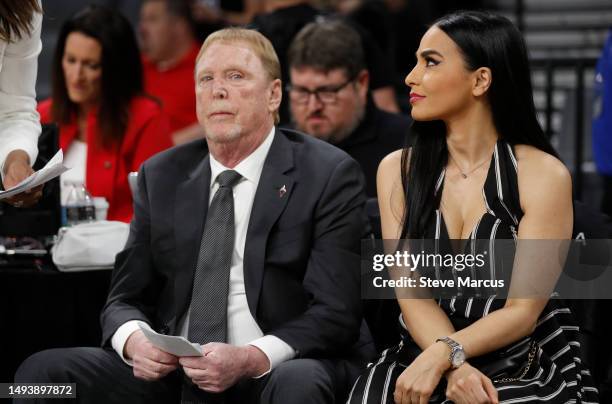 Las Vegas Raiders owner and managing general partner and Las Vegas Aces owner Mark Davis and Saba Angha wait for the start of a game between the Las...