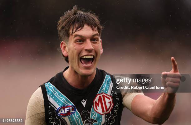 Zak Butters of the Power celebrates after scoring a goal during the round 11 AFL match between Richmond Tigers and Yartapuulti / Port Adelaide Power...