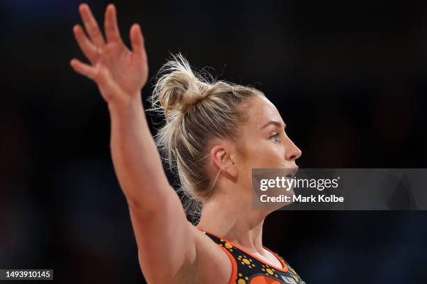 Jamie-Lee Price of the Giants calls for the ball during the round 11 Super Netball match between Giants Netball and Queensland Firebirds at Ken...