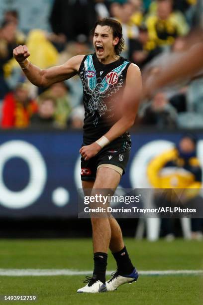 Ollie Lord of the Power celebrates a goal during the round 11 AFL match between Richmond Tigers and Yartapuulti / Port Adelaide Power at Melbourne...