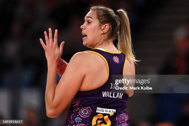 Donnell Wallam of the Firebirds calls for time out during the round 11 Super Netball match between Giants Netball and Queensland Firebirds at Ken...