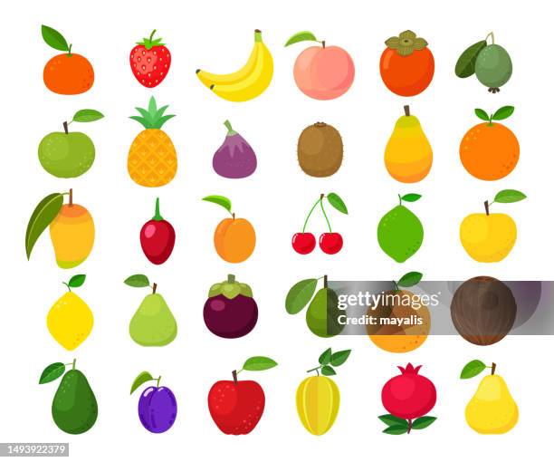 big set of fruit icons vector illustration - fruits and vegetables isolated stock illustrations