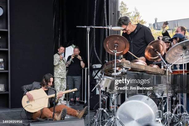 Actor and bassist Keanu Reeves and actor and drummer Robert Mailhouse of Dogstar play instruments made of kitchen appliances on the Williams Sonoma...