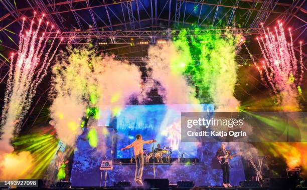 Rou Reynolds, Rory Clewlow, Chris Batten and Rob Rolfe of Enter Shikari perform at Slam Dunk South Festival 2023 at Hatfield Park on May 27, 2023 in...