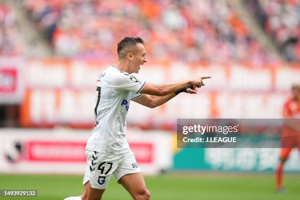 Of Gamba Osaka celebrates scoring his side's second goal during the J.LEAGUE Meiji Yasuda J1 15th Sec. Match between Albirex Niigata and Gamba Osaka...