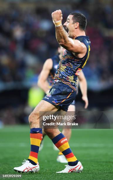 Taylor Walker of the Crows celebrates a goal during the round 11 AFL match between Adelaide Crows and Brisbane Lions at Adelaide Oval, on May 28 in...