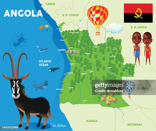 sable antelope (hippotragus niger) in angola - african savanna map stock illustrations