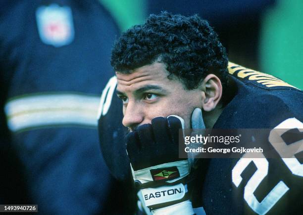 Cornerback Rod Woodson of the Pittsburgh Steelers looks on from the sideline during a game against the New England Patriots at Three Rivers on...