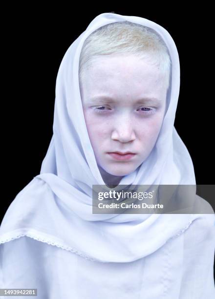 beautiful portrait teenager albino boy in bangladesh with a white scarf - bangladeshi child stock pictures, royalty-free photos & images