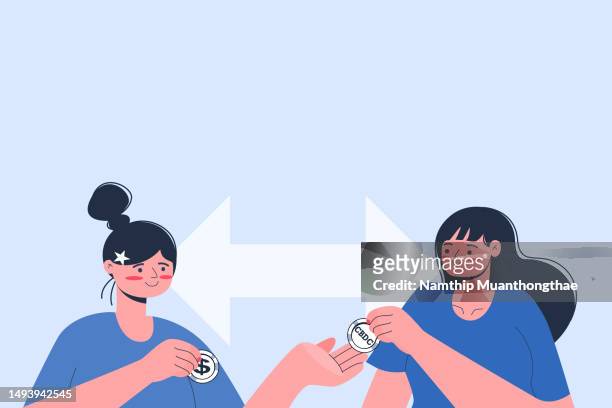 central bank digital currency or cbdc illustration concept shows women exchanging the cbdc to us currency. - 2 cents stockfoto's en -beelden