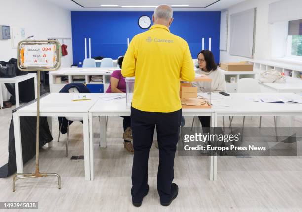 Person exercises his right to vote at a polling station on May 28 in Madrid, Spain. Today, 28M, municipal elections are being held in Spain in a...