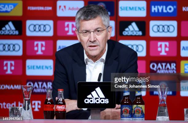 Herbert Hainer, President of FC Bayern München speaks to the media during a press conference at Allianz Arena on May 28, 2023 in Munich, Germany....