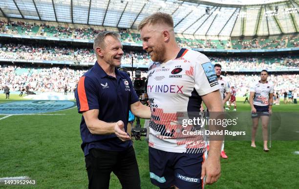 Mark McCall, the Saracens director of rugby celebrates with Jackson Wray after their victory during the Gallagher Premiership Final between Saracens...