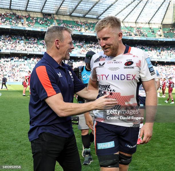 Mark McCall, the Saracens director of rugby celebrates with Jackson Wray after their victory during the Gallagher Premiership Final between Saracens...
